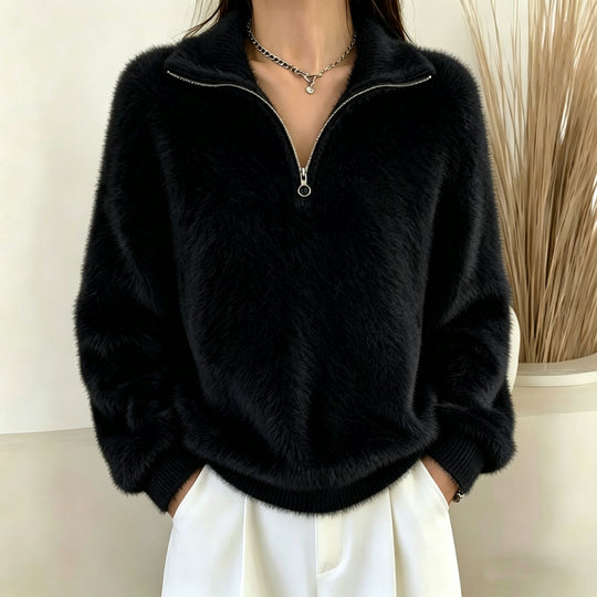 Damen Flauschiger Halbzipp-Pullover mit Stehkragen EB