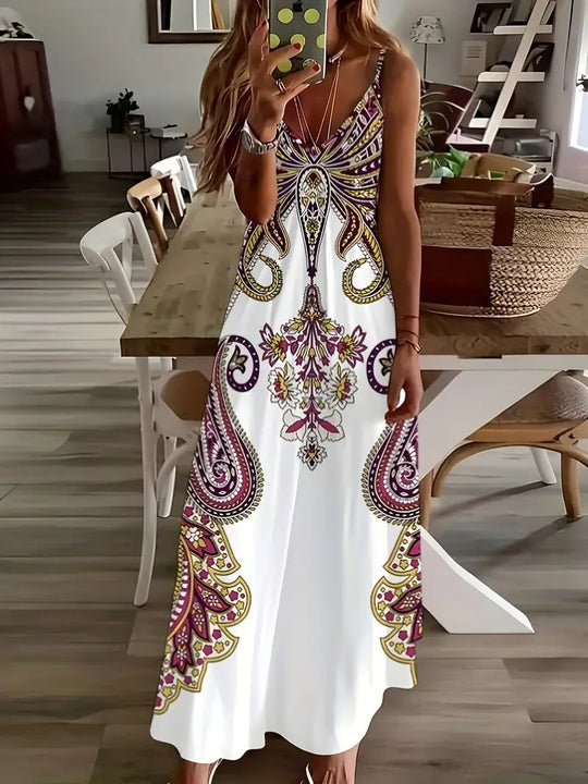 Damen Maxi-Kleid mit geschwärztem Paisley-Muster und elegantem V-Ausschnitt EB