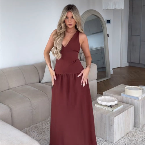 Damen Maxikleid mit elegantem V-Ausschnitt und Plissee-Unterteil EB