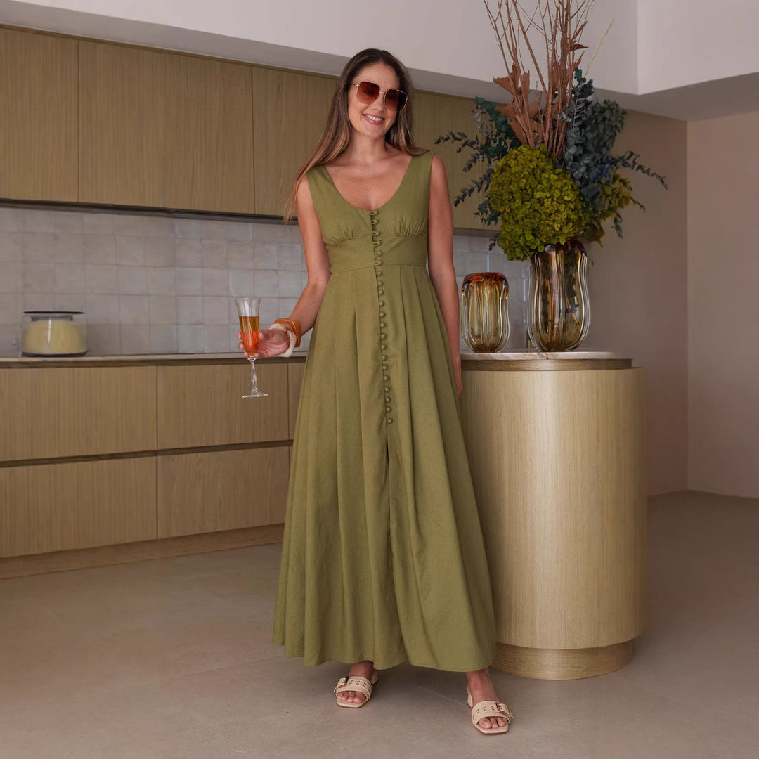 Damen Maxikleid mit schickem Knopfdesign und elegantem V-Ausschnitt EB