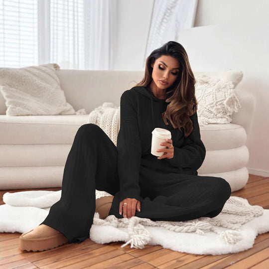 Damen Strick Lounge-Set mit Kapuze und weitem Beinschnitt EB