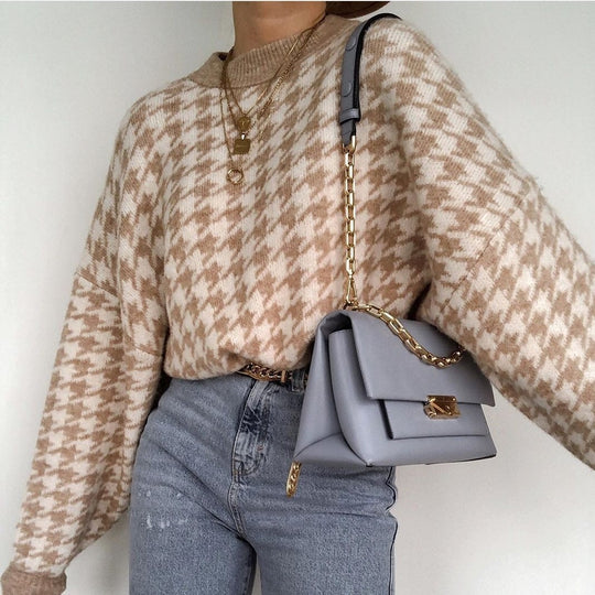 Damen Grobstrickpullover mit modernem Hahnentrittmuster und lässigem Schnitt EB
