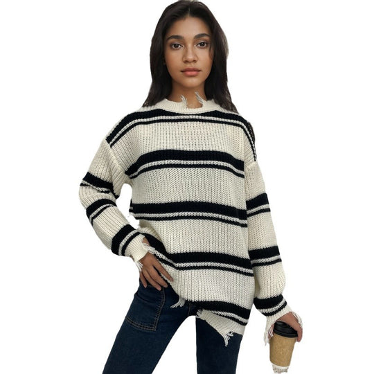 Damen Grobstrickpullover mit modischem Streifenmuster und lässigem Schnitt EB