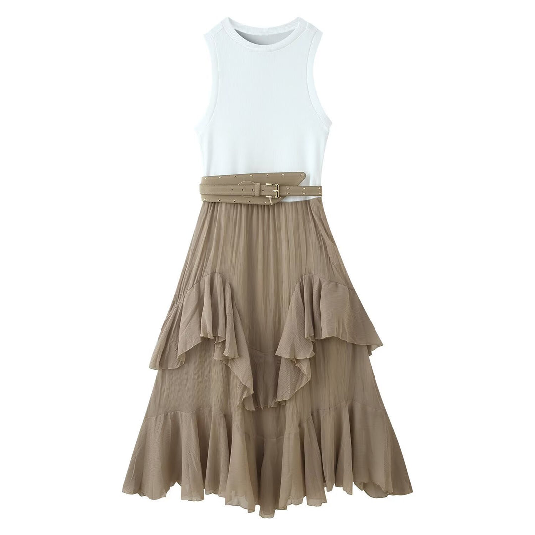 Damen Maxikleid mit raffiniertem Rüschendesign und elegantem Gürtel EB
