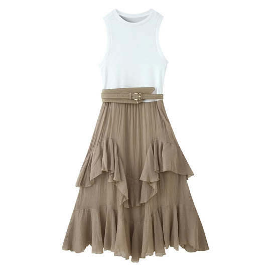 Damen Maxikleid mit raffiniertem Rüschendesign und elegantem Gürtel EB