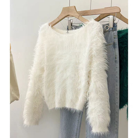 Damen Flauschiger Pullover mit lockerem Schnitt und weichen Ärmeln EB
