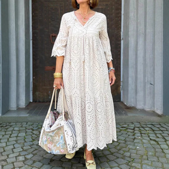 Damen Maxikleid mit femininen Rüschendetails und luftiger Baumwollstruktur Heidi-Mode