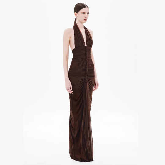 Damen Exquisites gerafftes Maxikleid mit tiefem V-Ausschnitt und eleganten Drapierungen EB