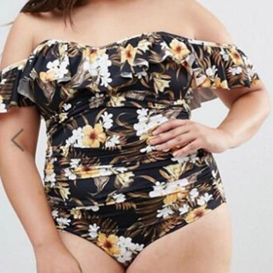 Damen Off-Shoulder Einteiler Badeanzug mit Rüschendetails EB