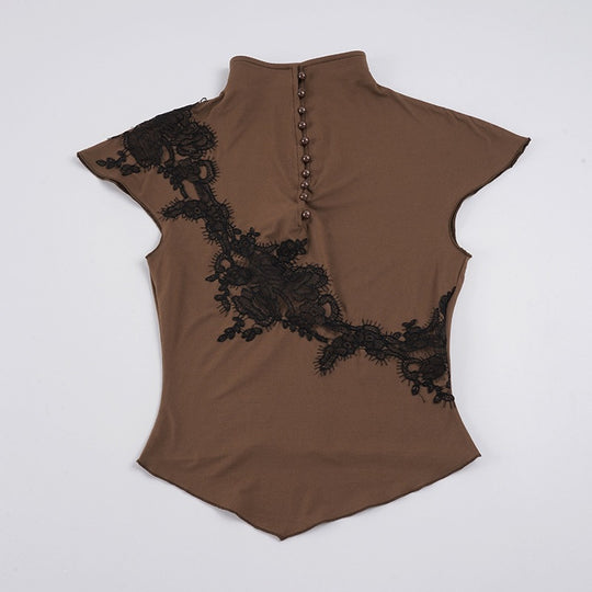 Damen Elegantes Spitzenoberteil mit modischen Knopfdetails EB