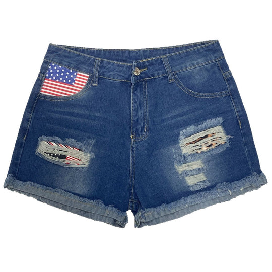 Damen Jeans-Shorts mit einzigartigem Flaggen-Design und modernen Destroyed-Details EB