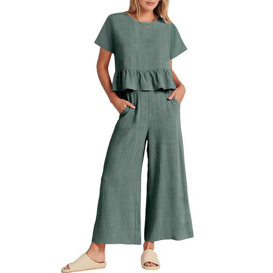 Damen Zweiteiliges Outfit mit fließendem Oberteil und weitem Hosen-Design EB