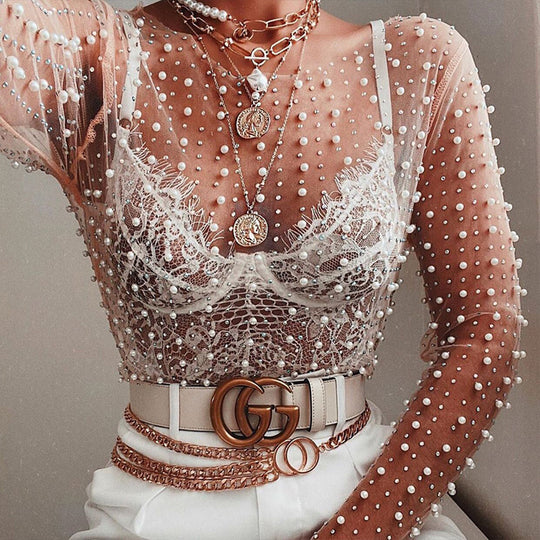 Damen glitzerndes Langarm-Top mit Strassverzierungen EB