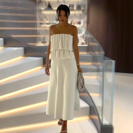 Damen Elegantes Maxi-Kleid mit gerafftem Oberteil und fließendem Saum EB