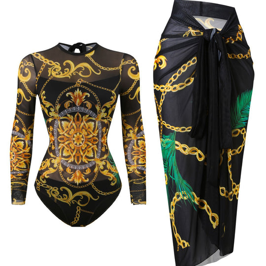 Damen Badeanzug mit elegantem transparentem Wickelrock EB