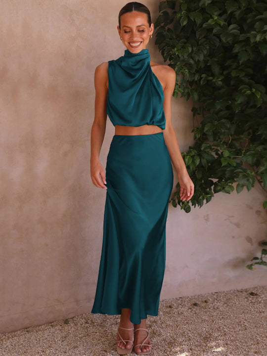 Damen Elegantes Maxikleid mit asymmetrischem Kragen und fließendem Schnitt EB