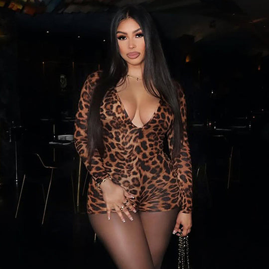 Damen stylischer Leopardenmuster Bodysuit mit V-Ausschnitt und langen Ärmeln EB