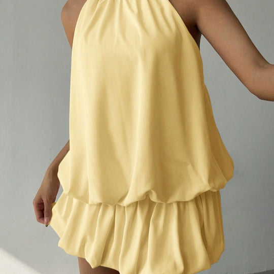 Damen sommerliches Minikleid mit haltem Kragen und asymmetrischem Design EB