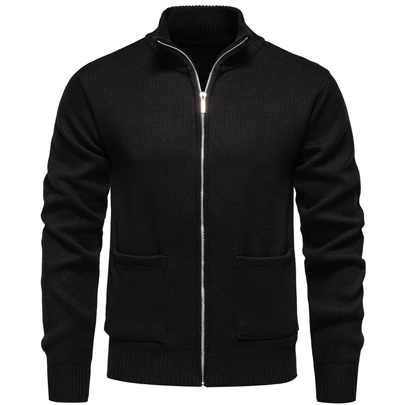 Herren nan feinstrukturierter Reißverschluss-Strickcardigan mit Stehkragen und aufgesetzten Taschen EB