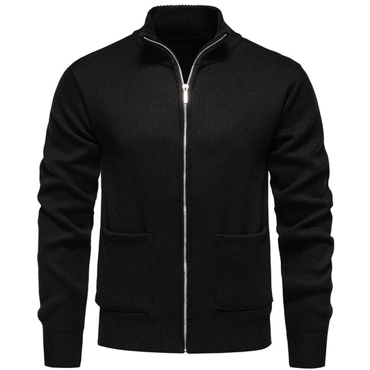 Herren nan feinstrukturierter Reißverschluss-Strickcardigan mit Stehkragen und aufgesetzten Taschen EB