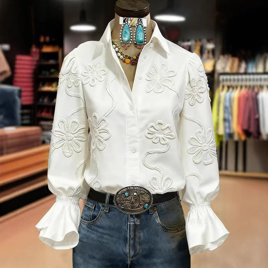 Damen elegante Bluse mit floraler Stickerei und voluminösen Ärmeln EB