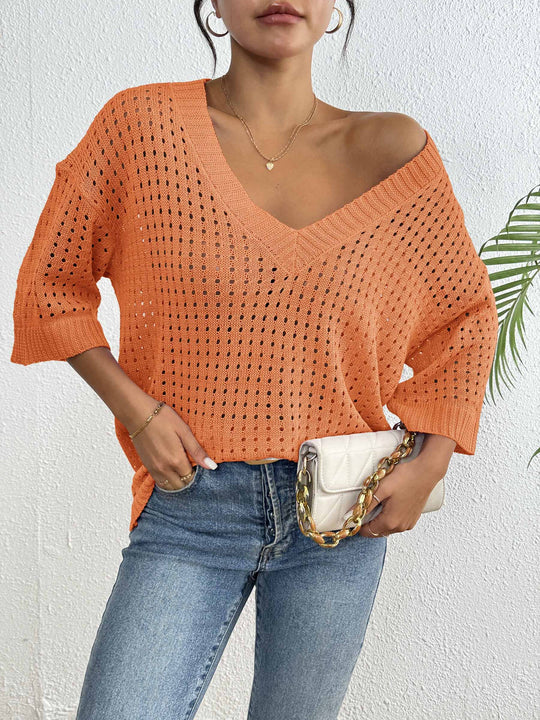 Damen luftiger Strickpullover mit V-Ausschnitt und dekorativem Lochmuster EB