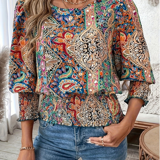 Damen Volantbluse mit buntem Boho-Design und elastischem Bund EB