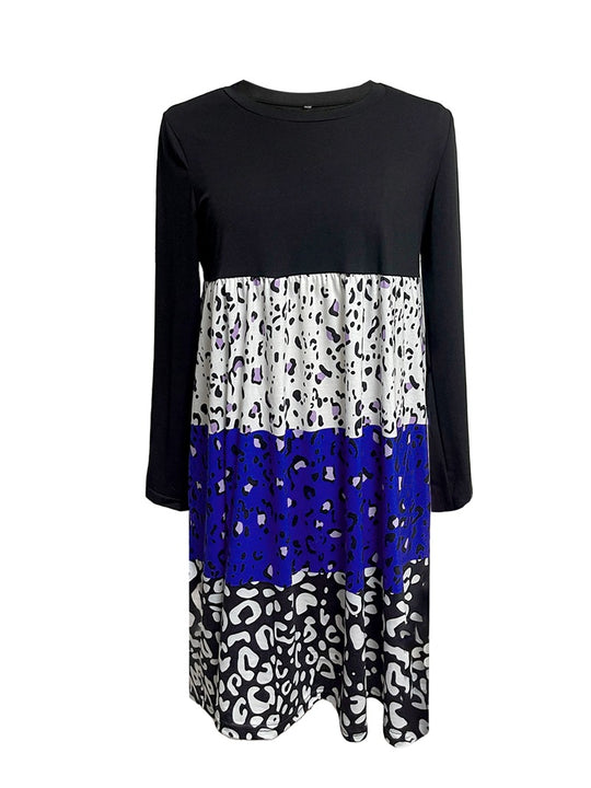 Damen Freizeitkleid mit bunten Tiermuster-Abschnitten und langen Ärmeln Heidi-Mode