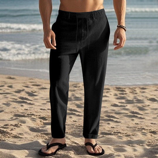 Herren nan leichte Leinen-Loungehose mit elastischem Tunnelzugbund, Kordelzug und weitem Bein EB