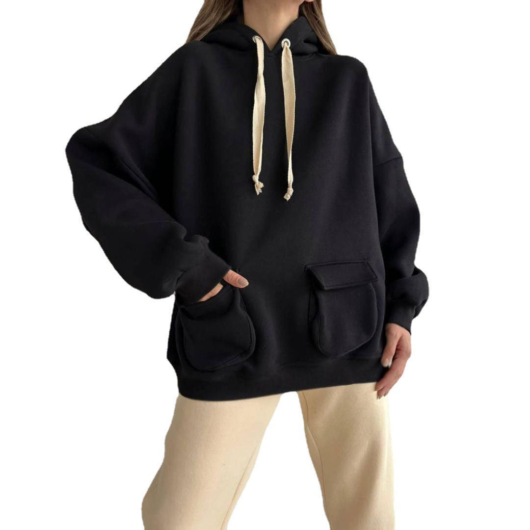 Damen nan Oversize-Kapuzenpullover mit aufgesetzten Klappentaschen und extra-langen Kordeln EB