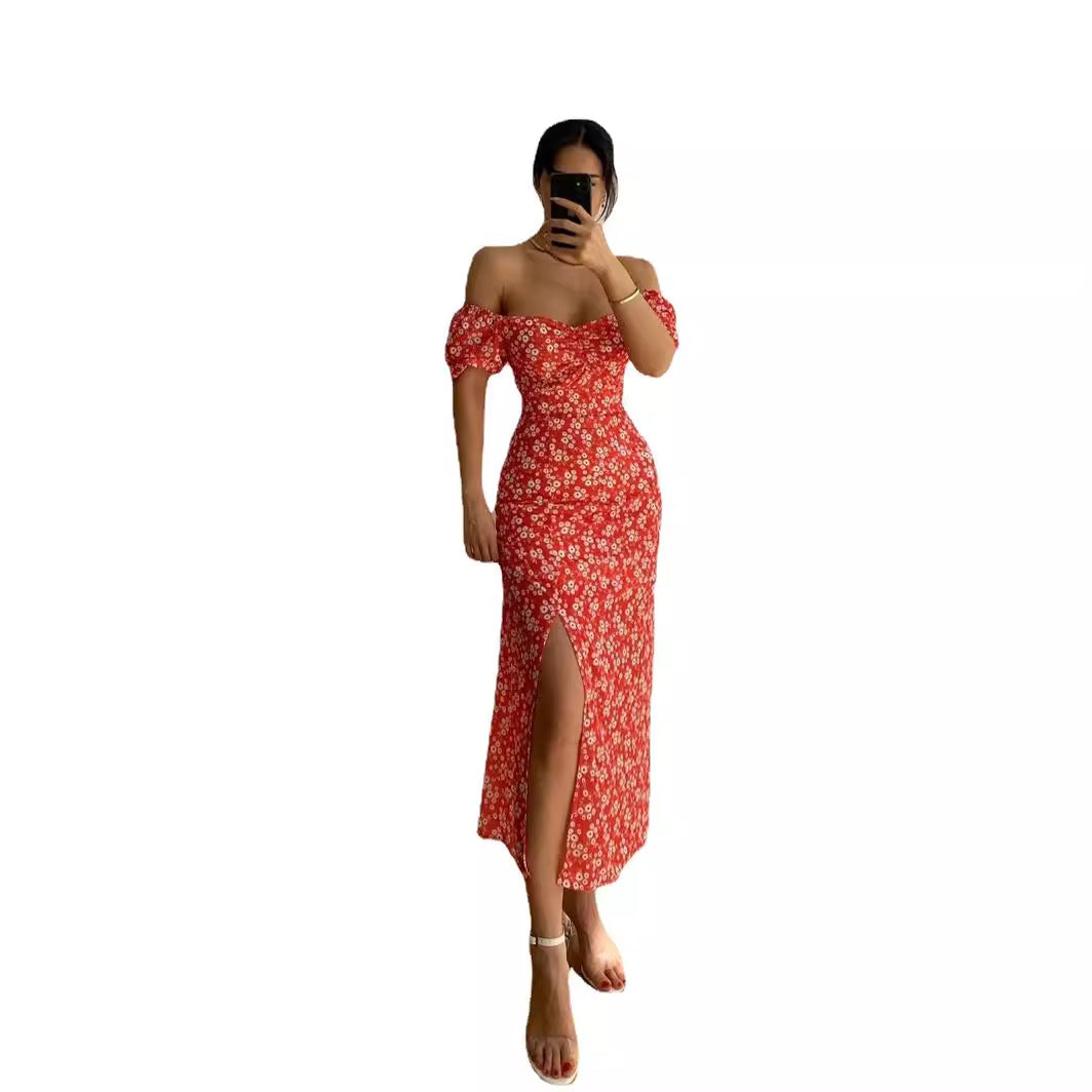 Damen Figurbetontes Maxikleid mit Blumenmuster und schulterfreiem Design EB