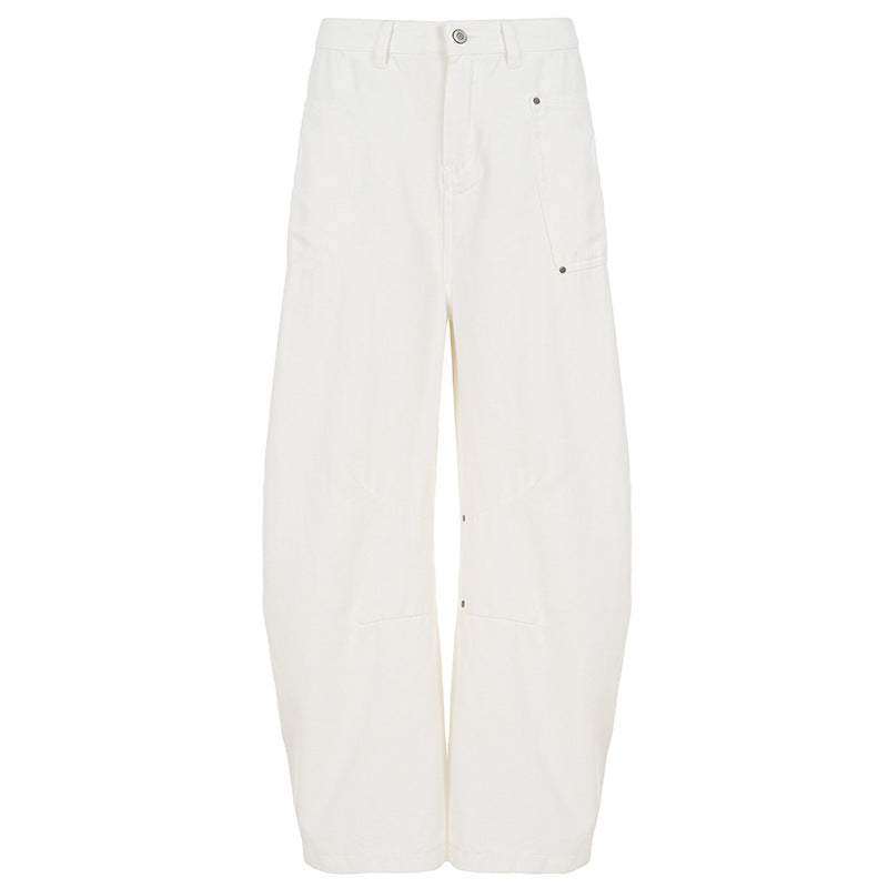 Damen nan weite Highwaist-Canvas-Hose im Carpenter‑Stil mit hohem Bund und aufgesetzten Taschen EB