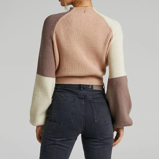 Damen Strickpullover mit weitem Arm und innovativem Farbblockdesign EB