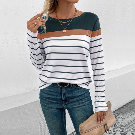 Damen Langarmshirt mit modischem Streifenmuster und kontrastierendem Oberteil EB