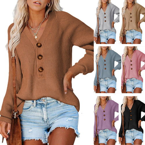 Damen Strickpullover mit V-Ausschnitt und dekorativen Knöpfen EB