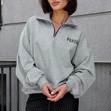 Damen Oversized Sweatshirt mit Stehkragen und gesticktem Logo EB