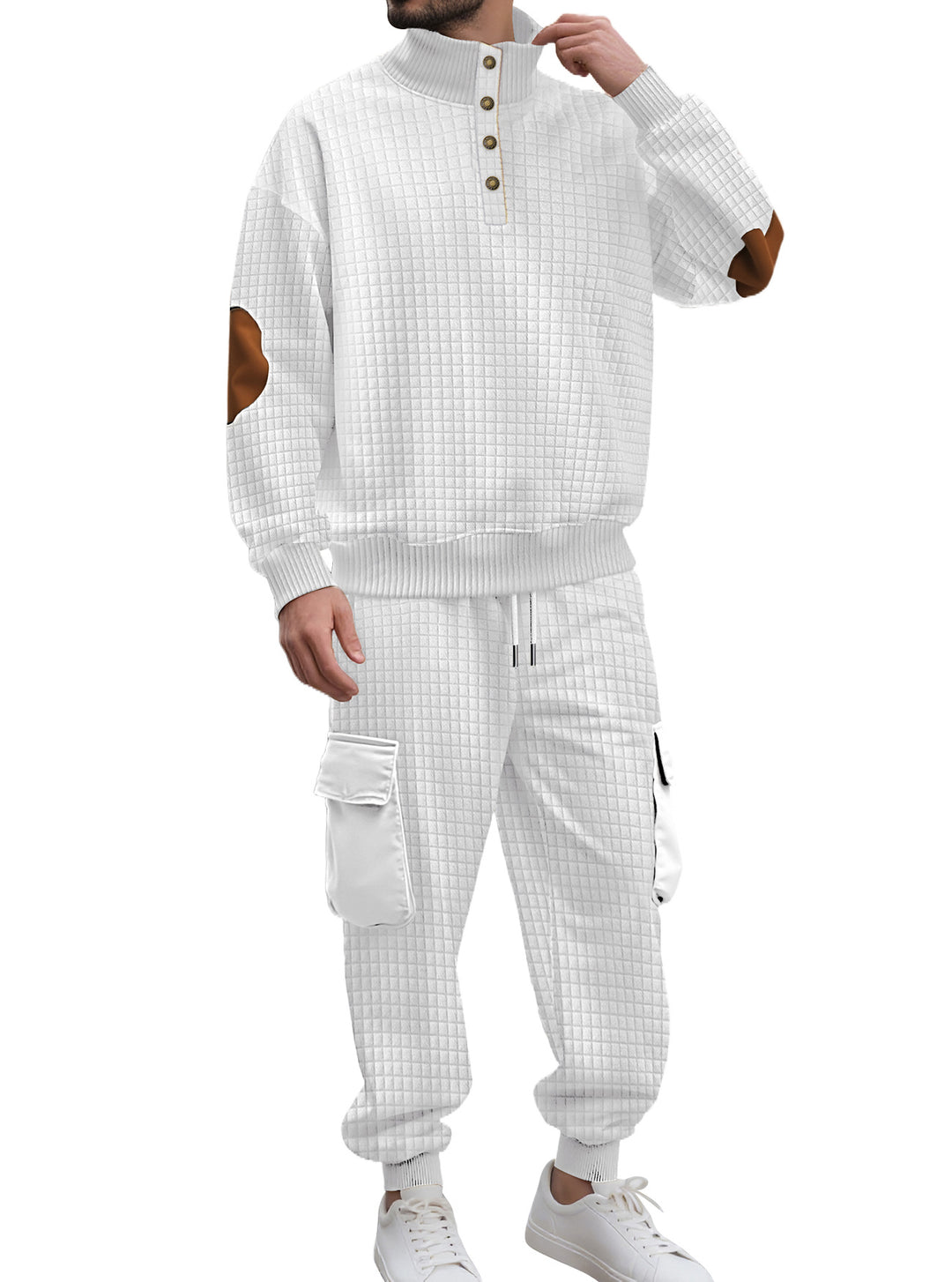 Herren nan Karo-Relief-Sweatset mit Stehkragen-Knopfleiste, Velours-Ellenbogenpatches und Cargo-Jogger EB