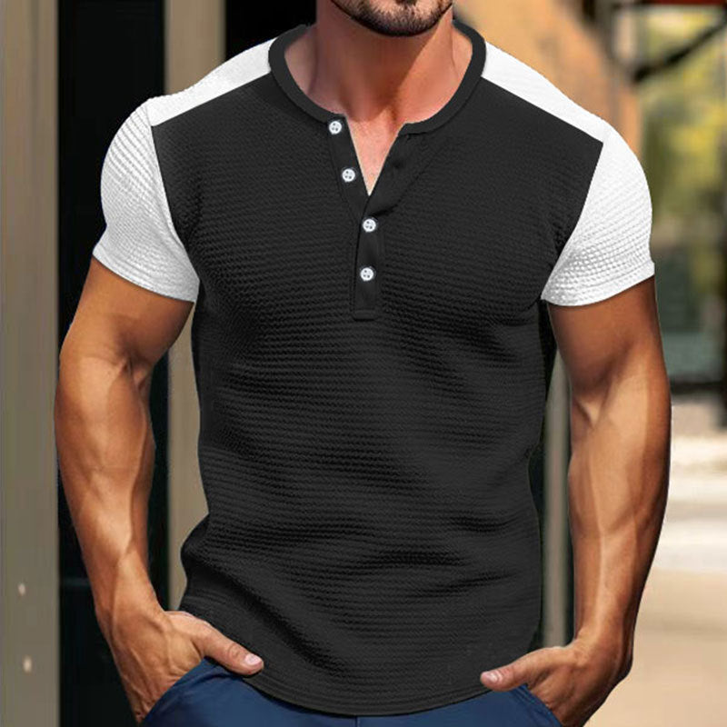 Herren Kurzarm-Hemd mit modischem Henley-Kragen und Kontrastärmel EB