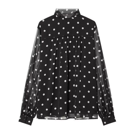 Damen transparente Bluse mit Schleifenkragen im Polka-Dot-Design EB