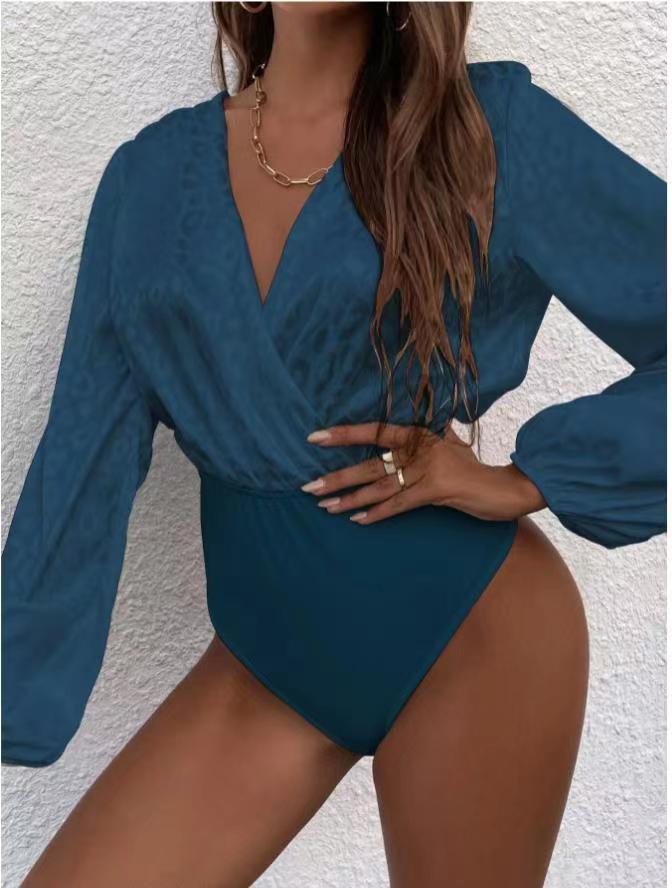 Damen Bodysuit mit elegantem Wickelausschnitt und voluminösen Ärmeln EB