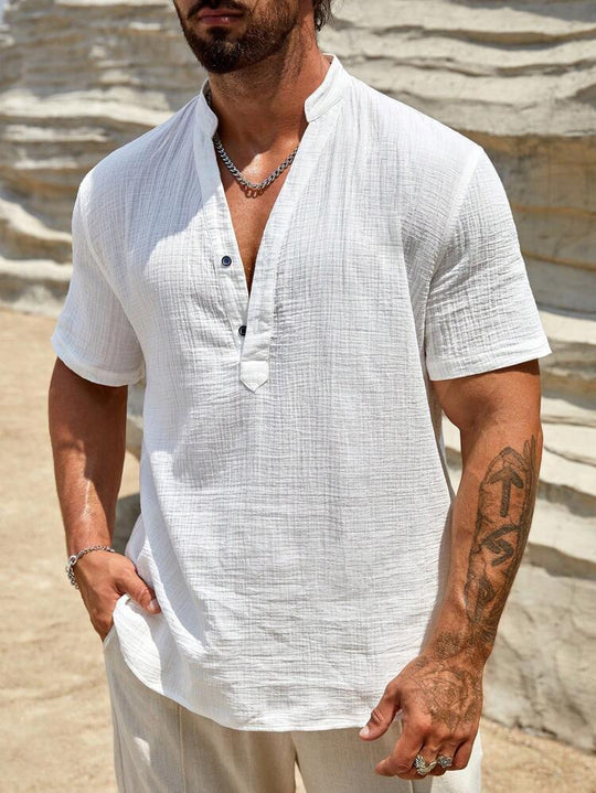 Herren Kurzarm Henley Hemd mit modernem Stehkragen aus leichtem Baumwollmaterial EB