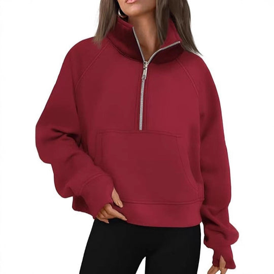 Damen nan oversized Halbzip Pullover mit Kängurutasche, Daumenlöchern und hohem Kragen EB
