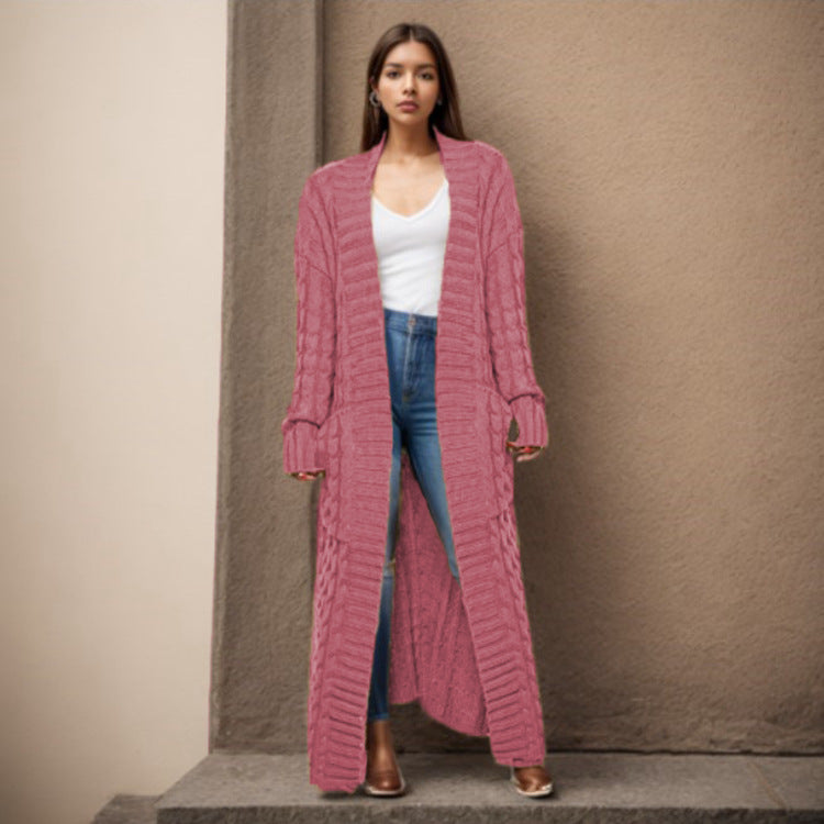 Damen Langer Strickcardigan mit raffiniertem Zopfdesign und praktischen Taschen EB