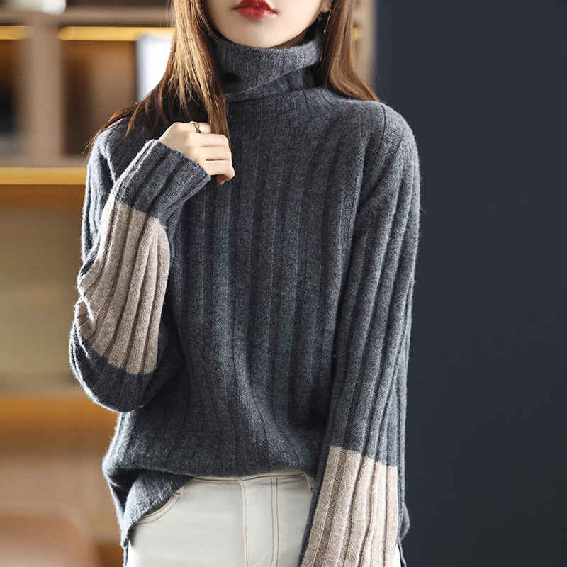 Damen Grob gestrickter Rollkragenpullover mit modischem Streifenmuster EB
