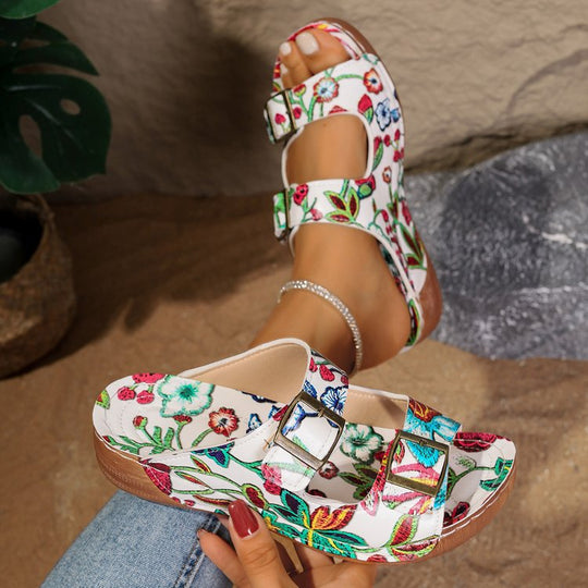 Damen komfortable Sandalen mit floralem Print und verstellbaren Riemen EB