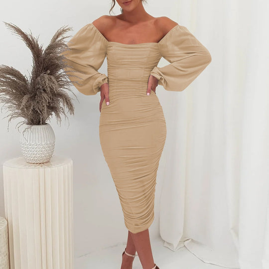 Damen Figuroptimiertes Kleid mit Puffärmeln und Raffungen EB