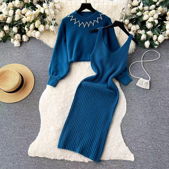 Damen Elegantes Strickkleid mit raffinierter Ribstruktur und stylischem Crop-Pullover EB