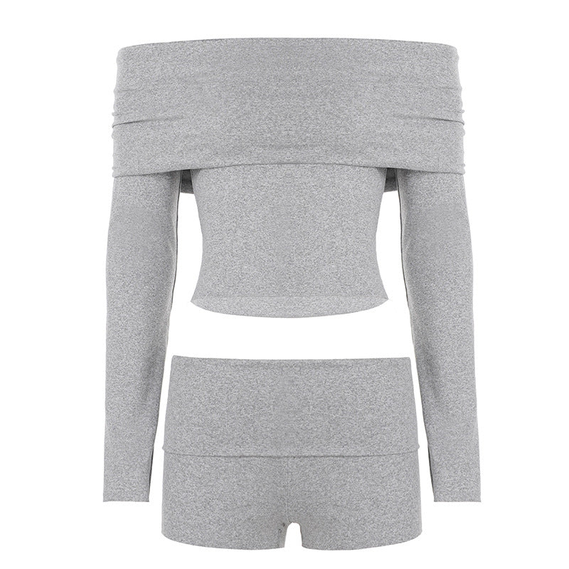 Damen nan Off-Shoulder Lounge-Set mit Langarm-Croptop und Highwaist-Shorts aus Stretchjersey EB