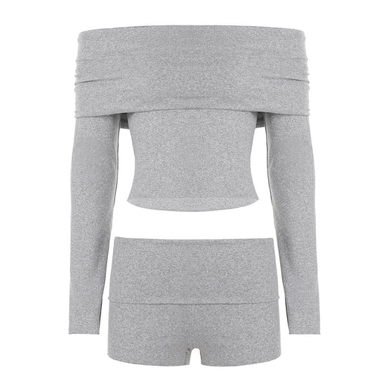 Damen nan Off-Shoulder Lounge-Set mit Langarm-Croptop und Highwaist-Shorts aus Stretchjersey EB