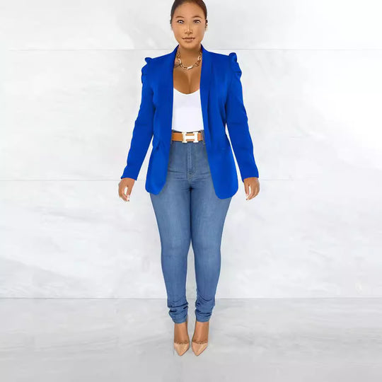 Damen taillierter Blazer mit strukturierten Schulterdetails und offenem Revers EB